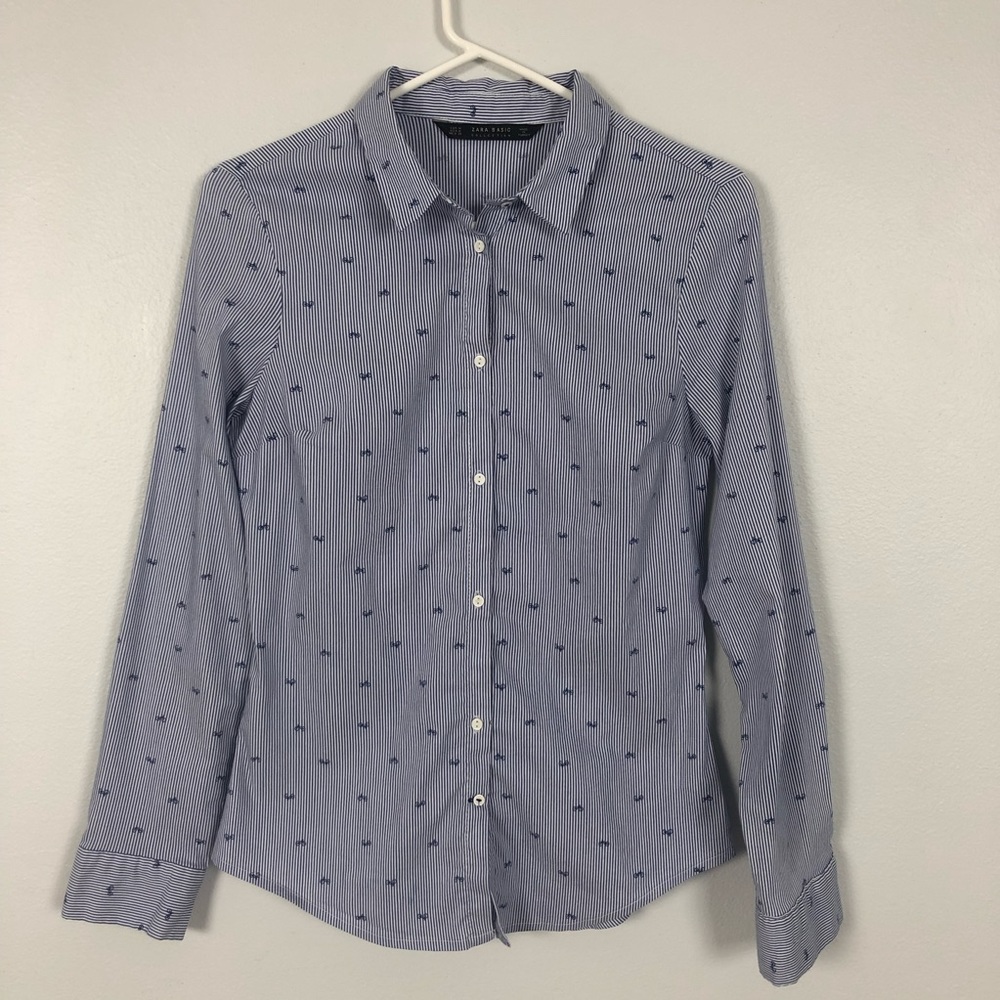 Zara Basic Bicycle Print Button Down Pinstripe Top